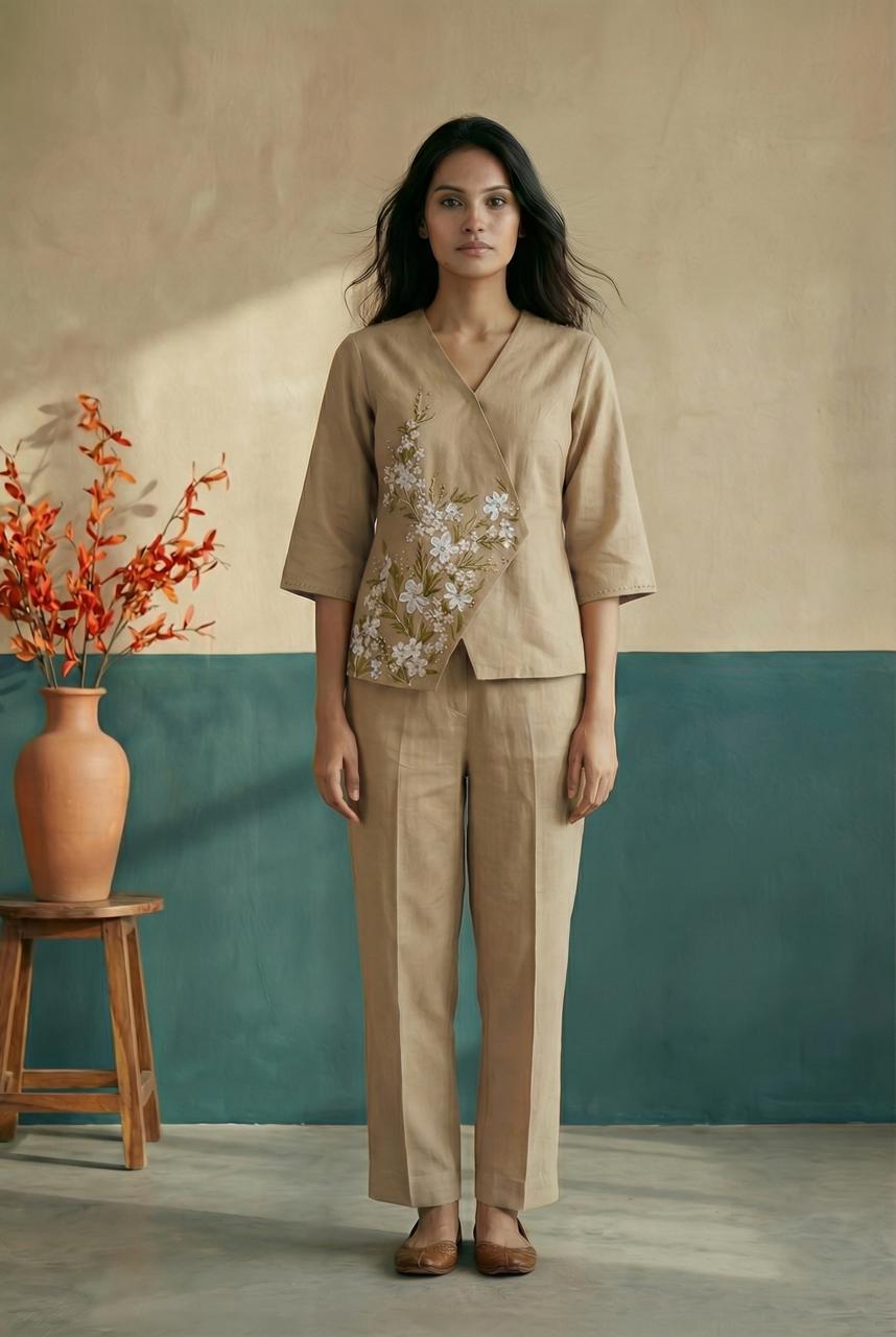 Beige Cross Over Hand Painted Top