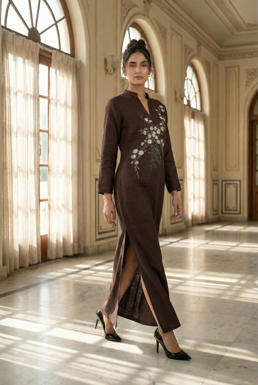 Brown Ankle-Length Straight Dress