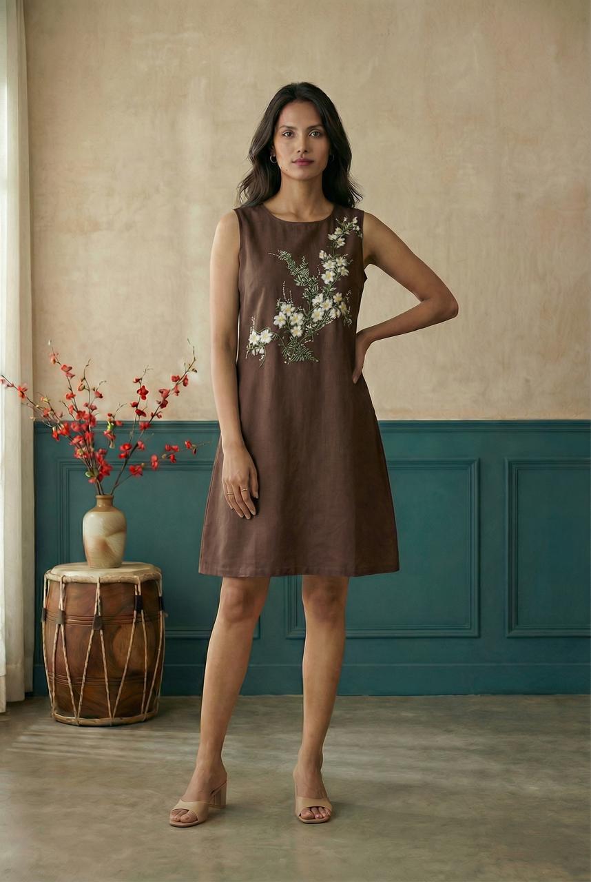 Brown Sleeveless A-Line Hand Painted Dress