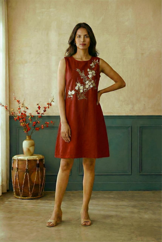 Red Sleeveless A-Line Hand Painted Dress
