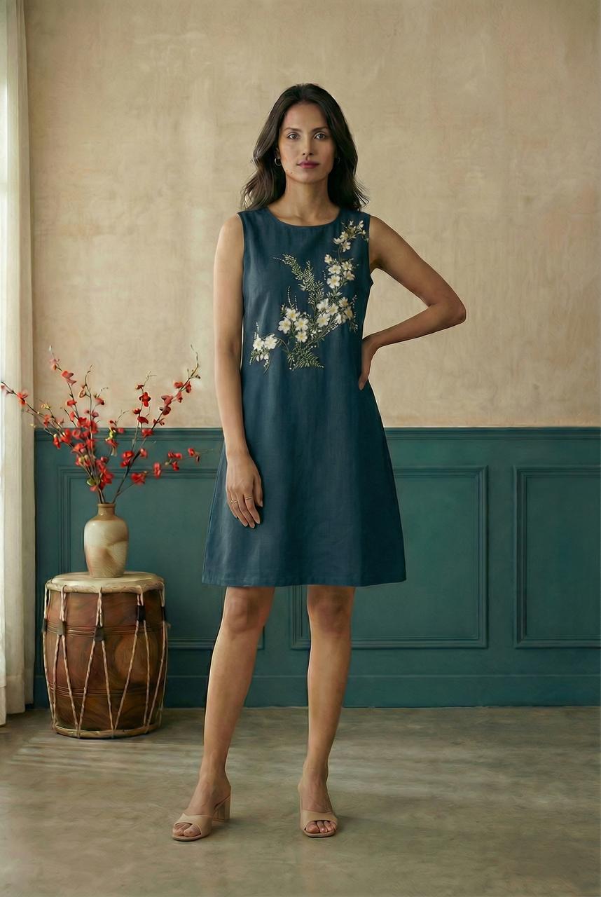 Teal Sleeveless A-Line Hand Painted Dress