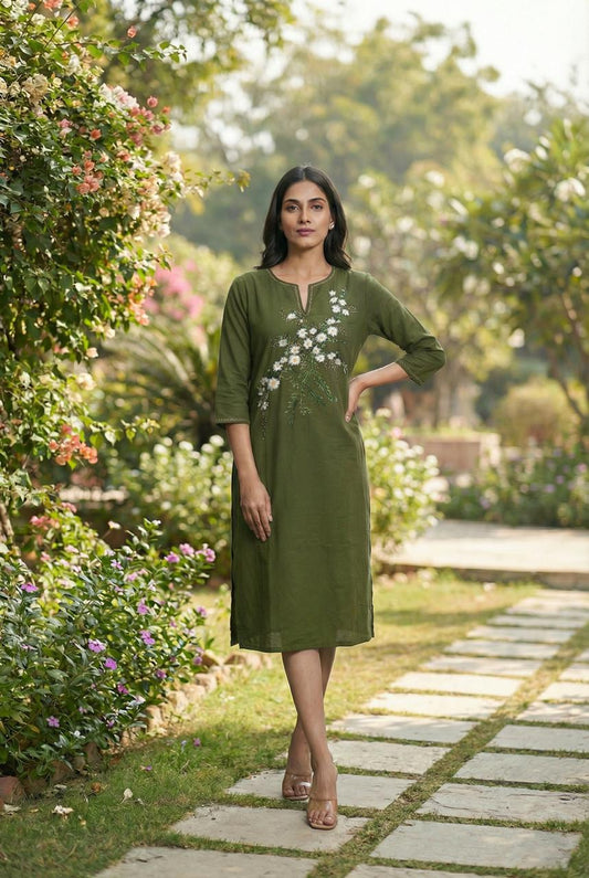 Olive A-Line Hand Painted Dress