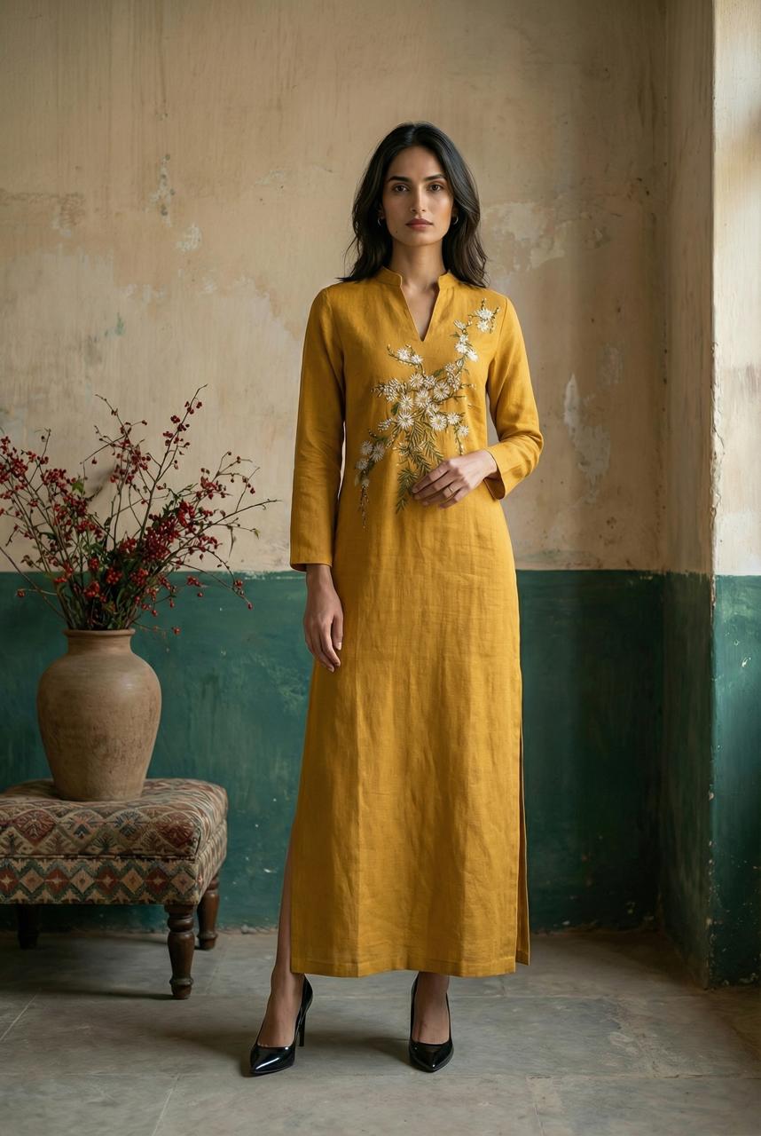 Mustard Ankle-Length Straight Hand Painted Dress