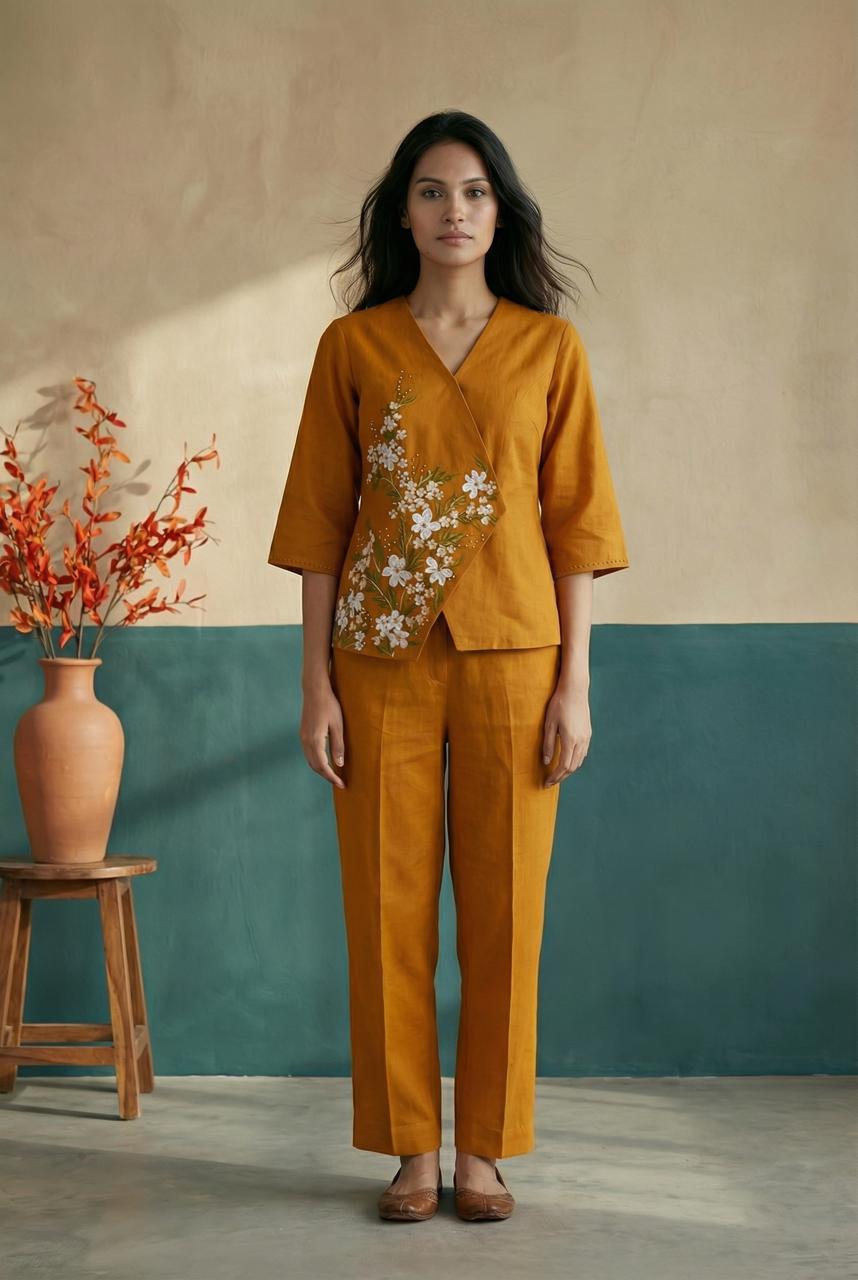 Mustard Cross Over Hand Painted Top