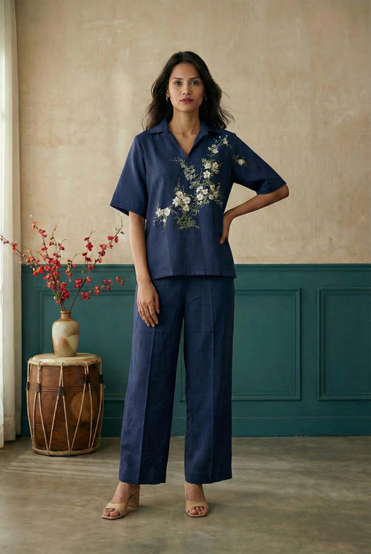 Navy Blue Long Kimono Hand Painted Top