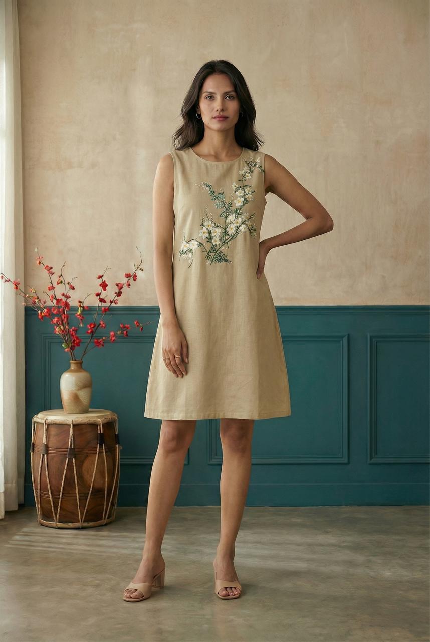 Beige Sleeveless A-Line Hand Painted Dress