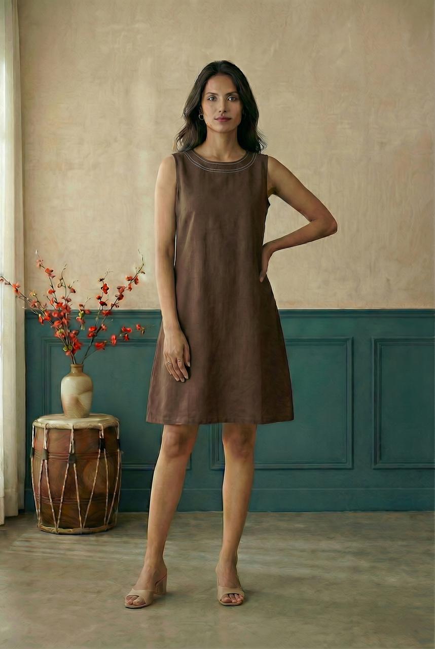 Brown A-line sleevless dress