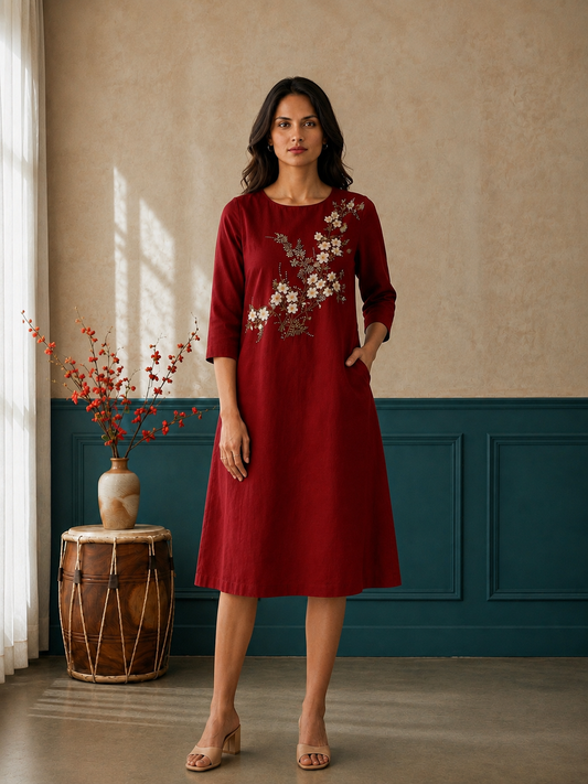 Red Hand Painted A-Line Dress