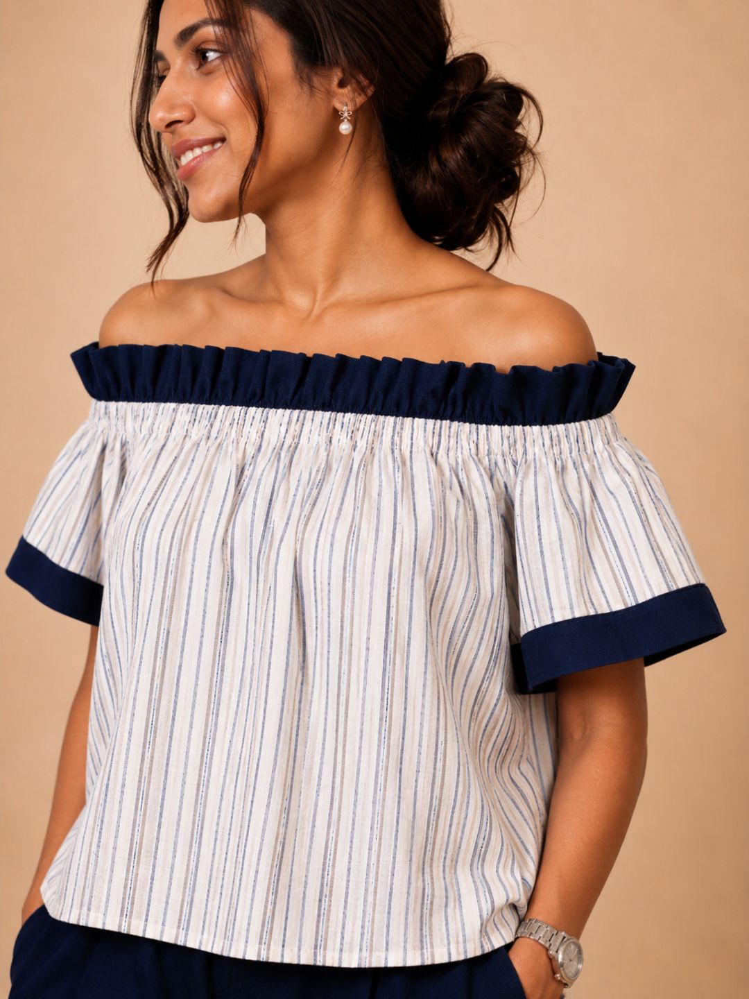 Women Cotton/linen blend Fabric Frill off shoulder top
