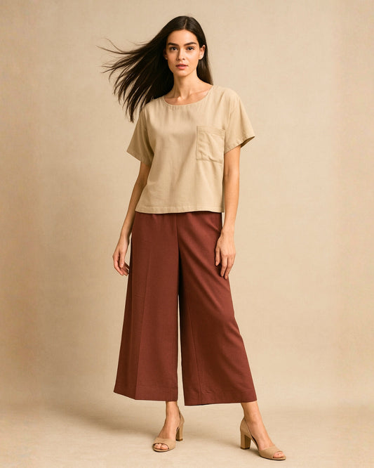 Wome Beige Silk Top & Dark Brown Silk Pant Set