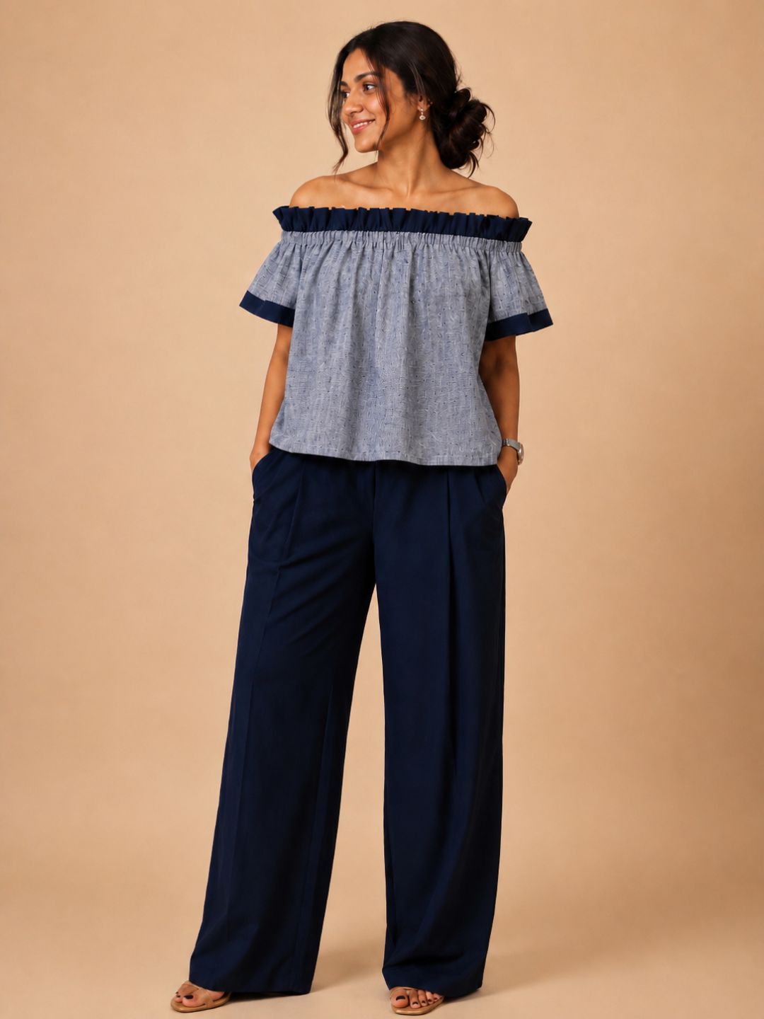 Women Cotton/linen blend Fabric Frill off shoulder top