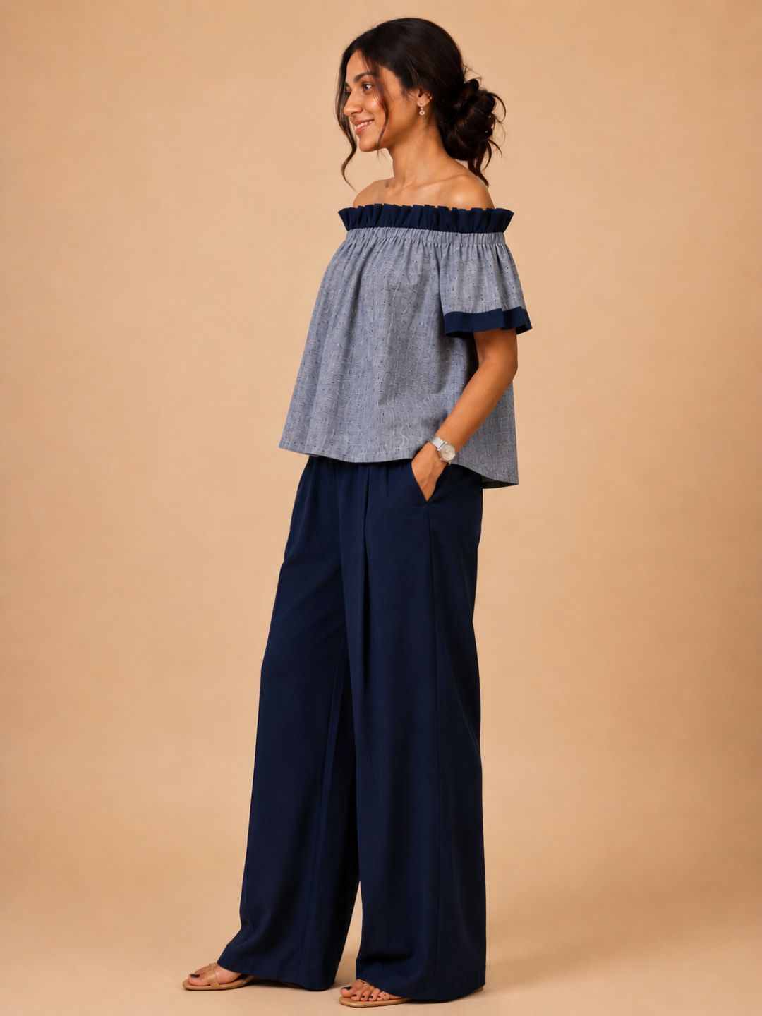 Women Cotton/linen blend Fabric Frill off shoulder top