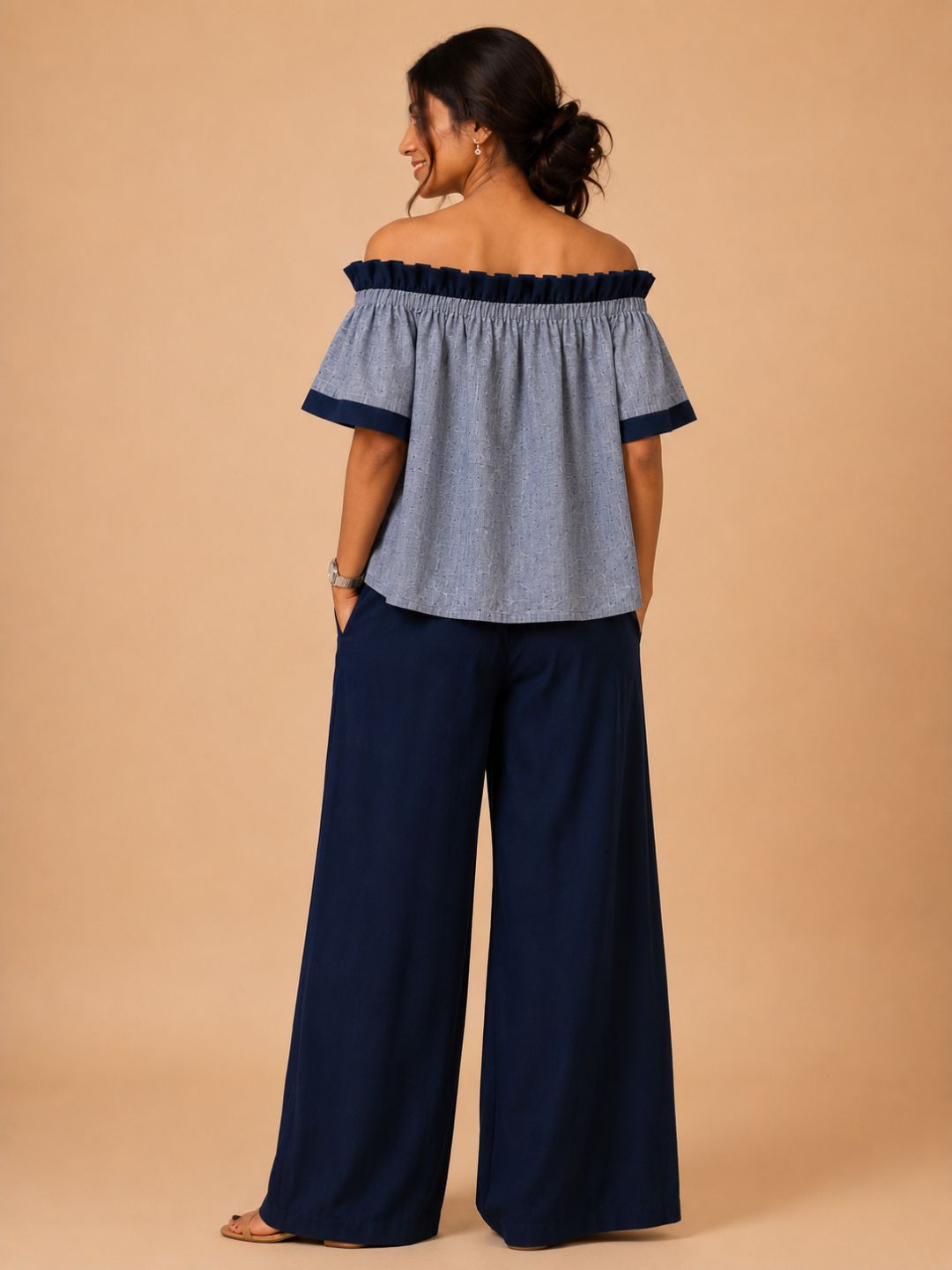 Women Cotton/linen blend Fabric Frill off shoulder top