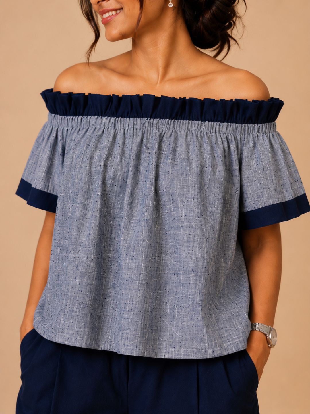 Women Cotton/linen blend Fabric Frill off shoulder top