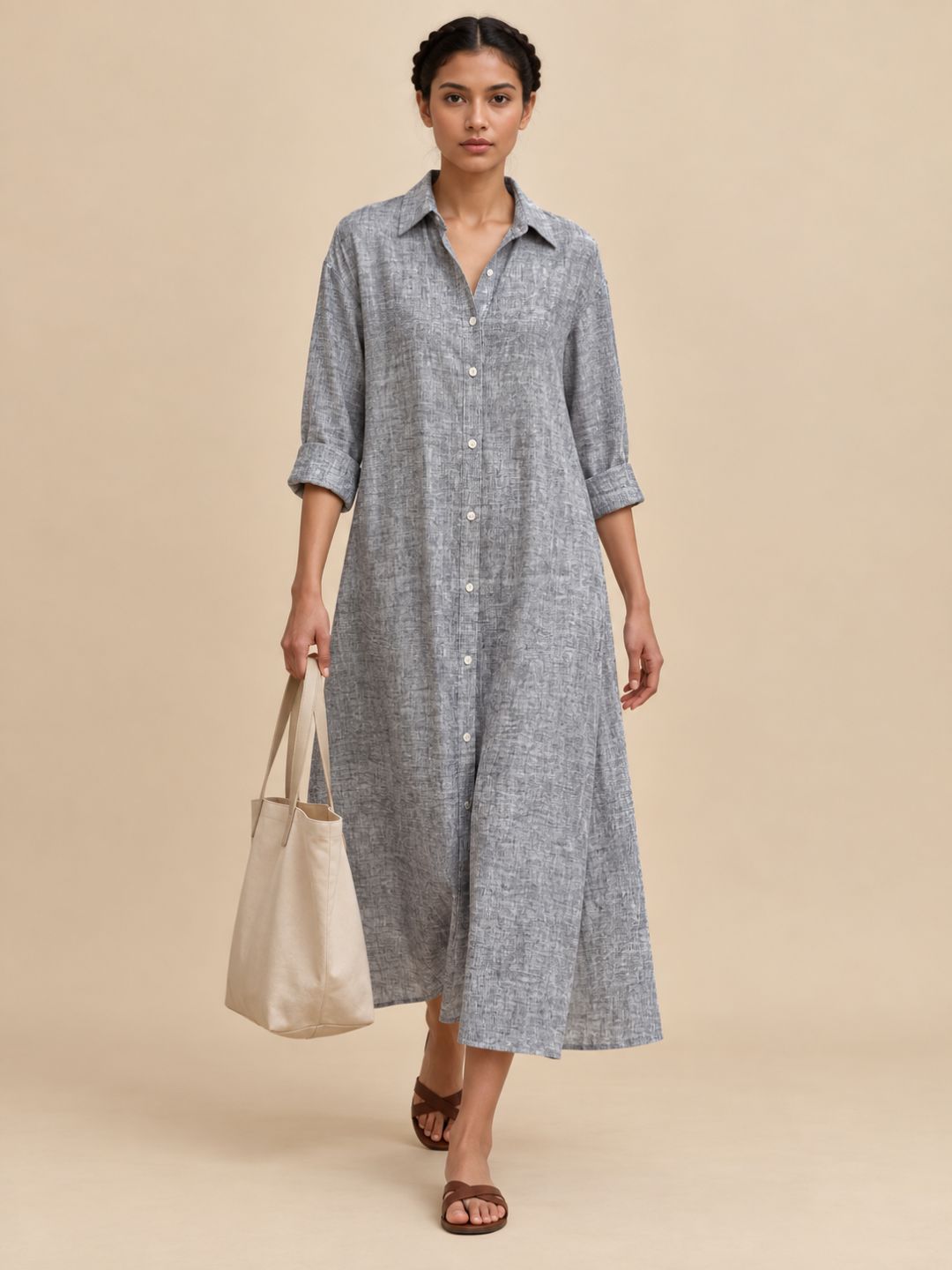 Textured Blue Long Shirt Dress