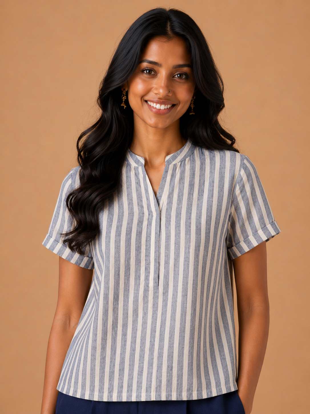 Navy Blue Stripes Chinese collar kimono top