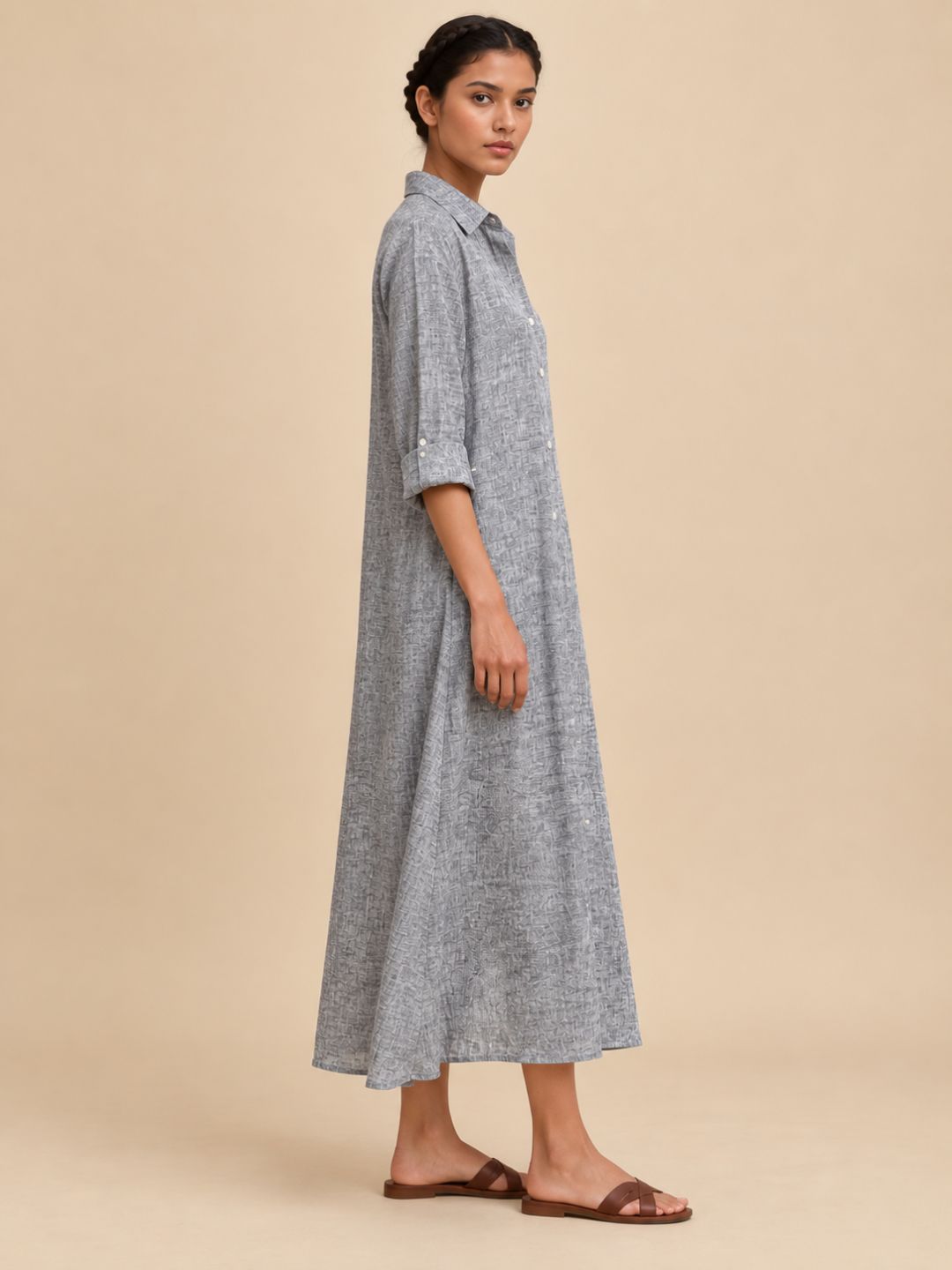 Textured Blue Long Shirt Dress