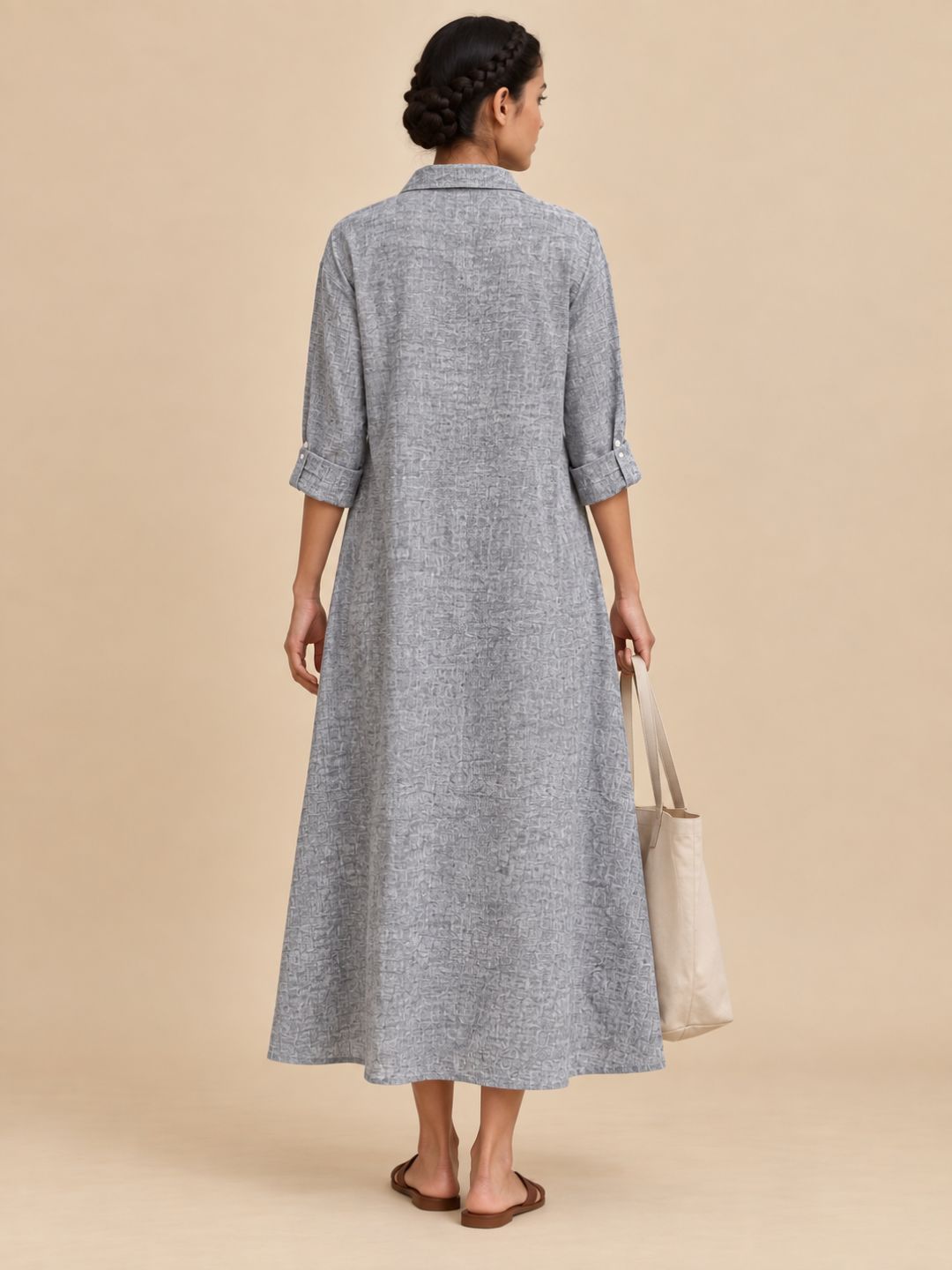 Textured Blue Long Shirt Dress