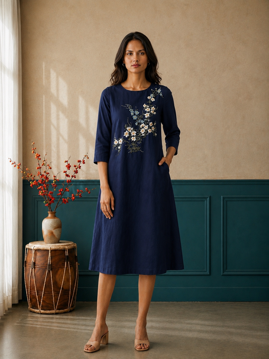 Navy Blue A-Line Below-Knee Hand-Painted Dress