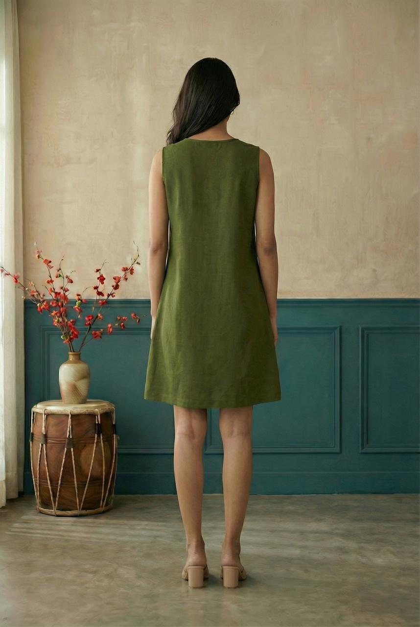 Olive Sleeveless A-Line Hand Painted Dress