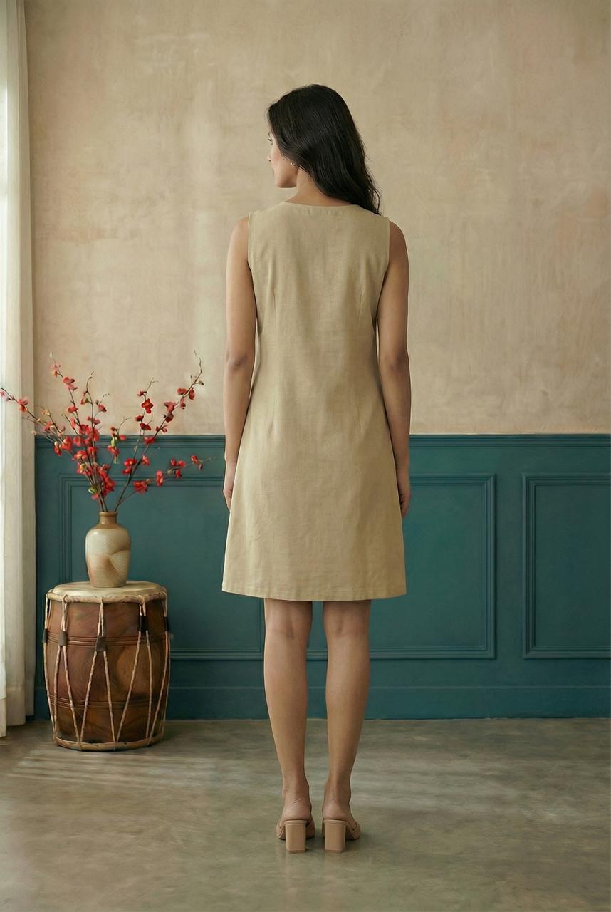 Beige Sleeveless A-Line Dress