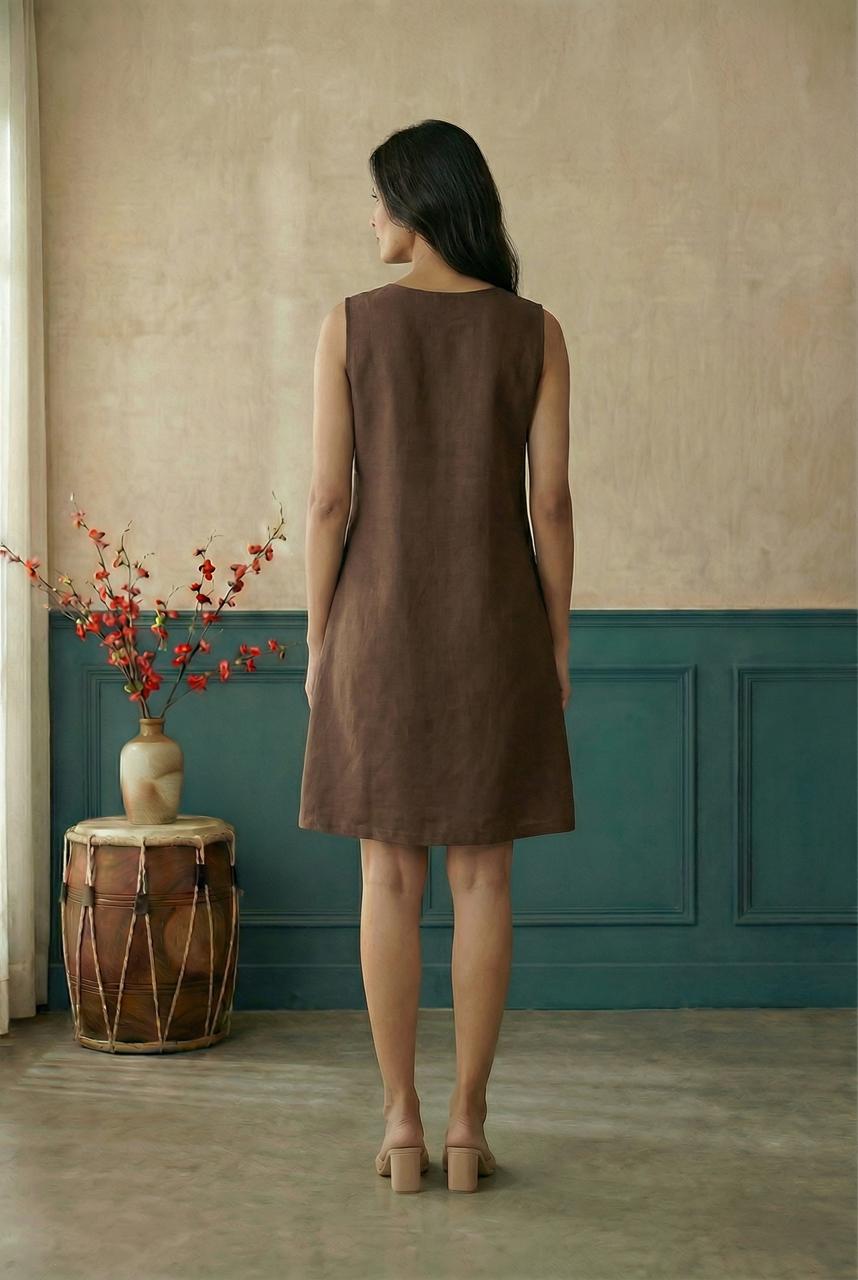 Brown Sleeveless A-Line Hand Painted Dress