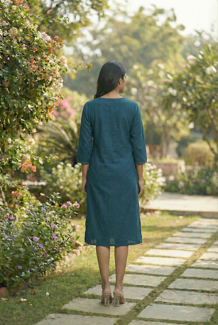 Women A-Line Below-Knee Cotton Blend Hand-Painted Dress