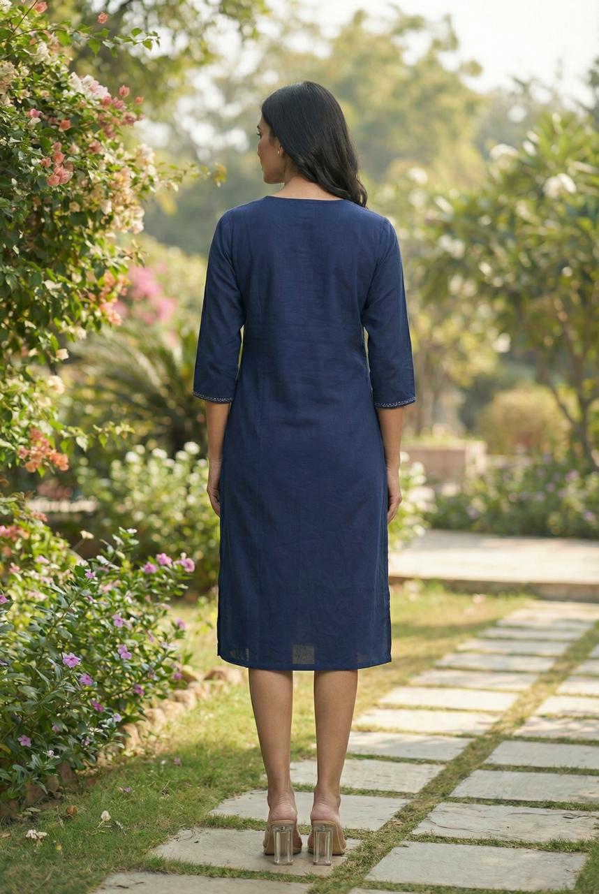 Women A-Line Below-Knee Cotton Blend Hand-Painted Dress