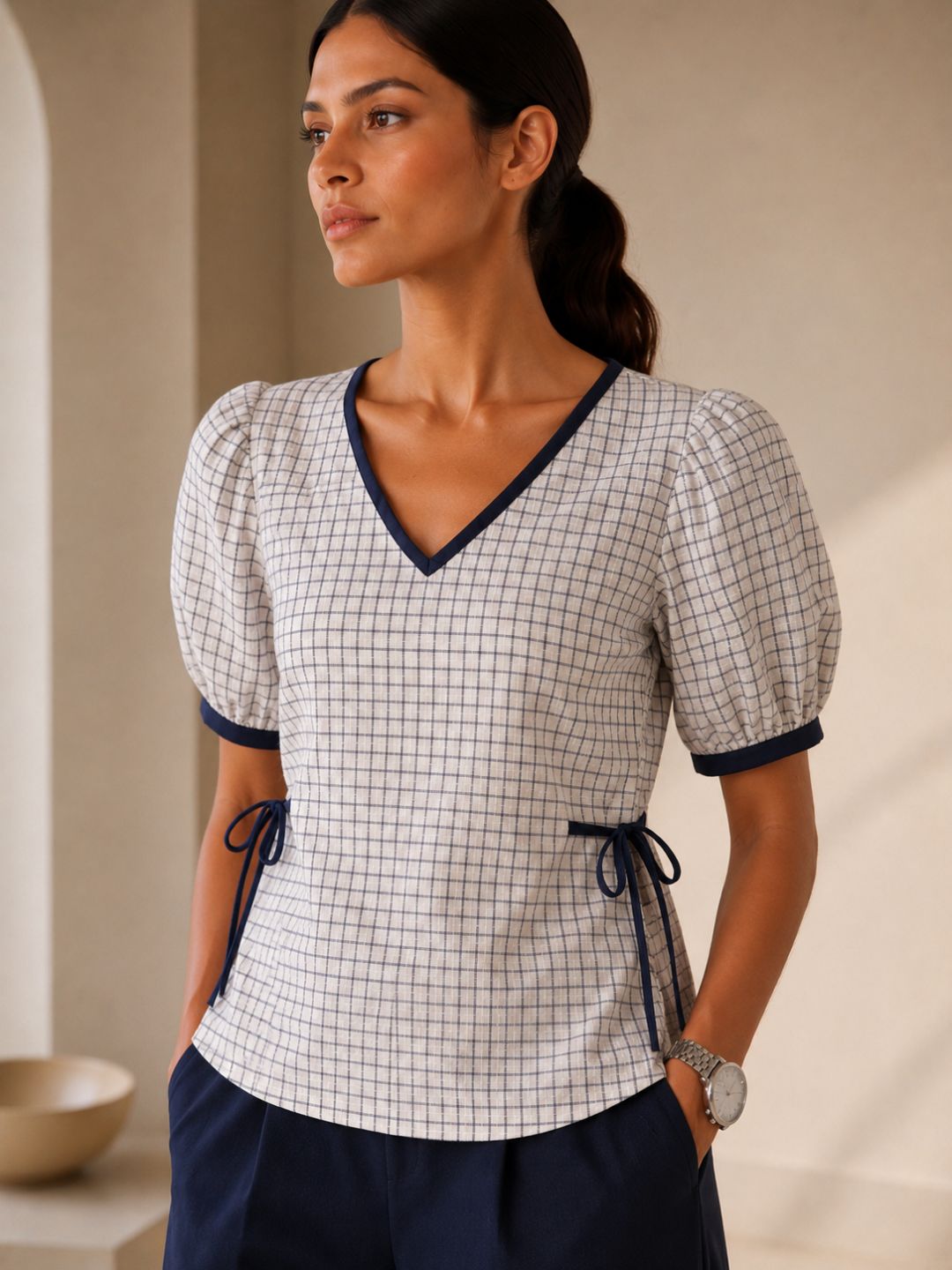 Women Cotton/linen blend Fabric Side tie up top puff sleeves