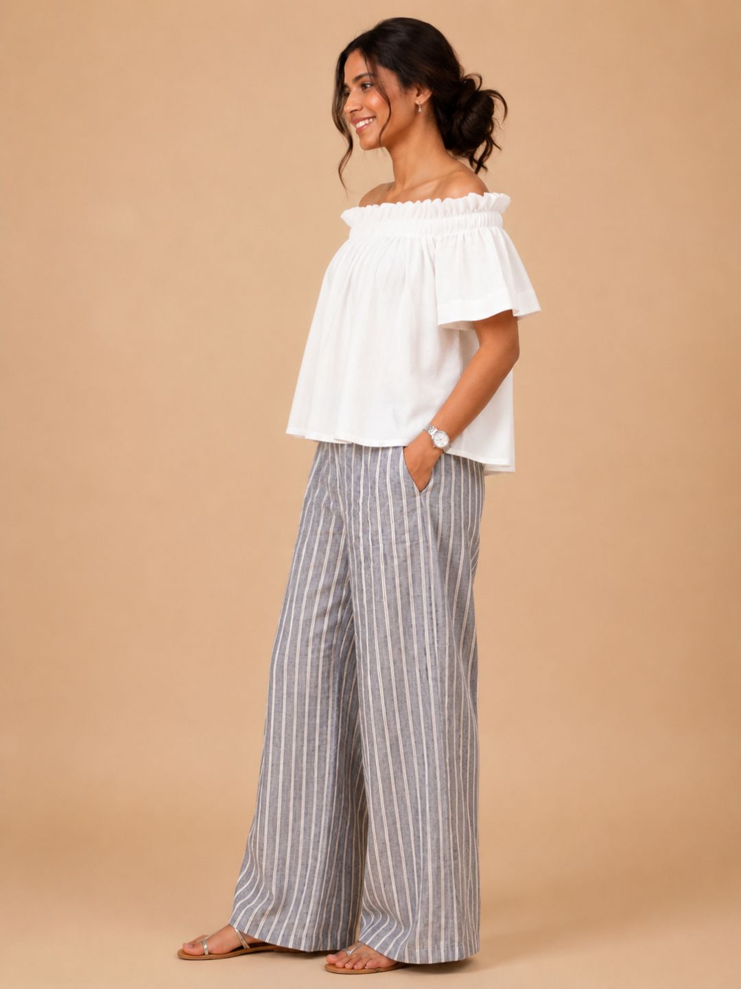 Women Cotton/linen blend Fabric Frill off shoulder top