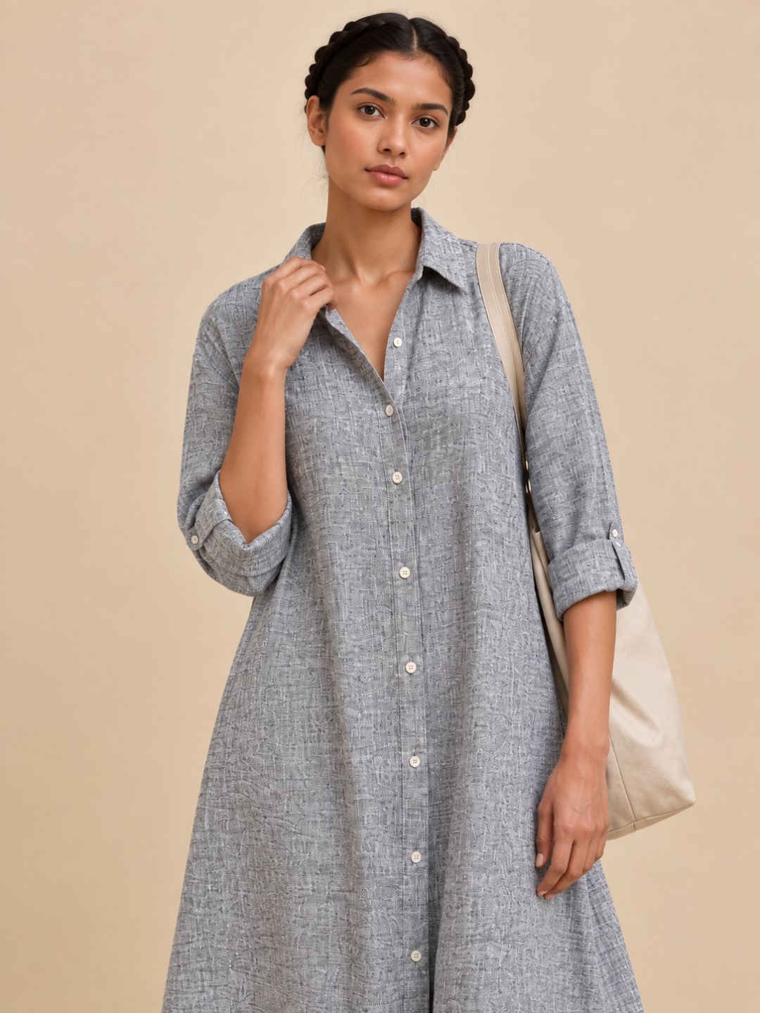 Textured Blue Long Shirt Dress