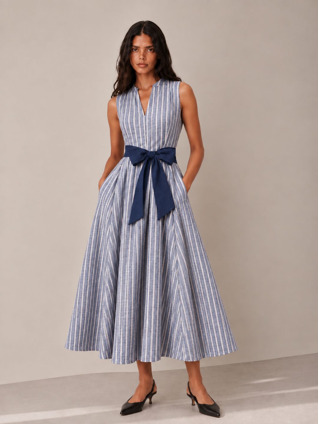 Navy Blue Stripes long Flowy Dress Sleeveless
