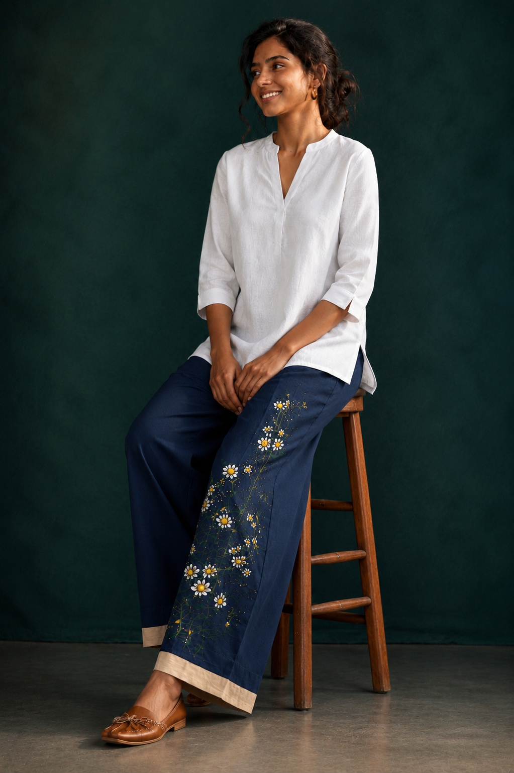 Women’s Navy Blue Hand-Painted Floral Wide Leg Palazzo Pants