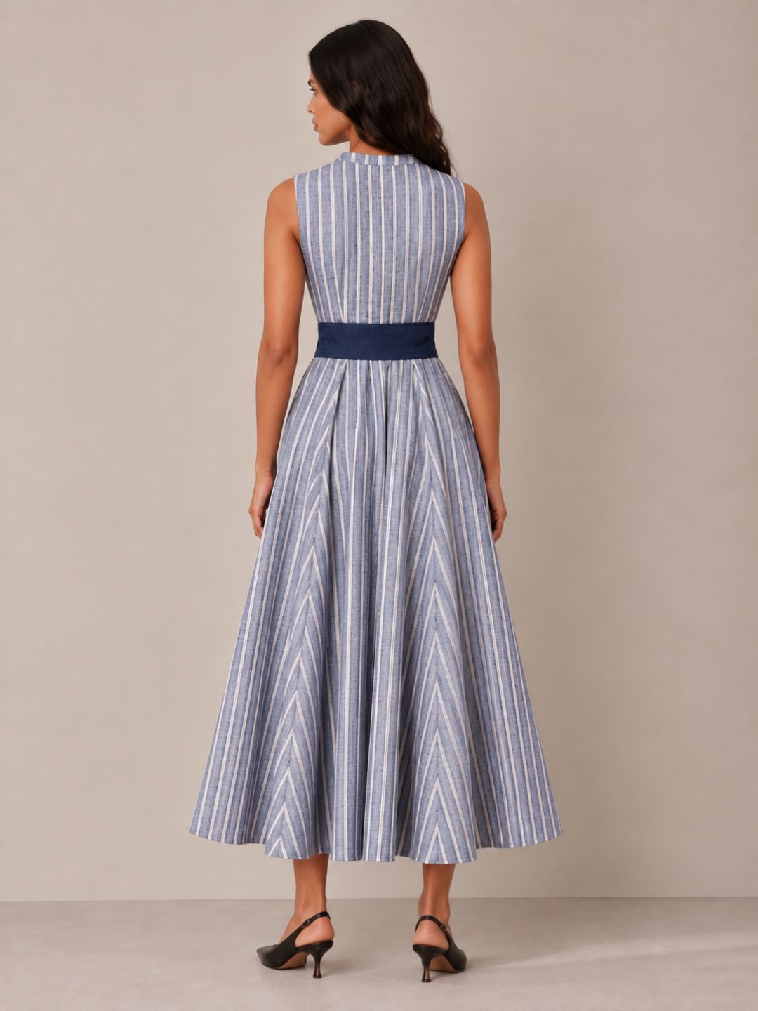 Navy Blue Stripes long Flowy Dress Sleeveless