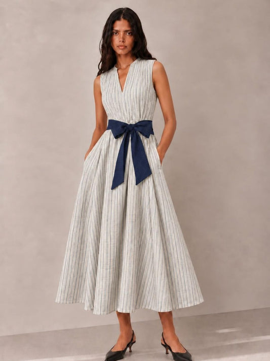 White Stripes long Flowy Dress Sleeveless