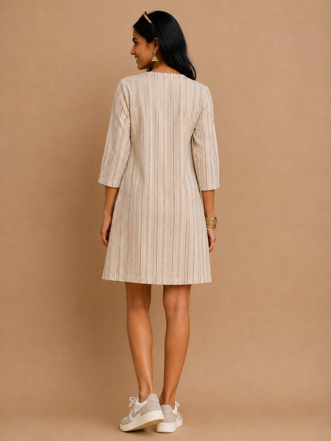 White Stripes A-Line Dress with denim pocket.