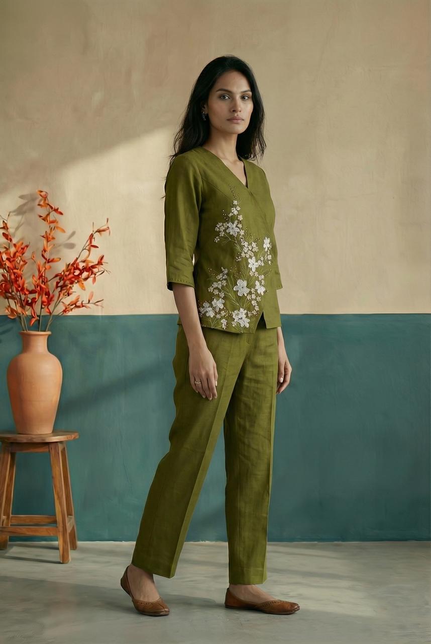 Olive Cross Over Hand Painted Top