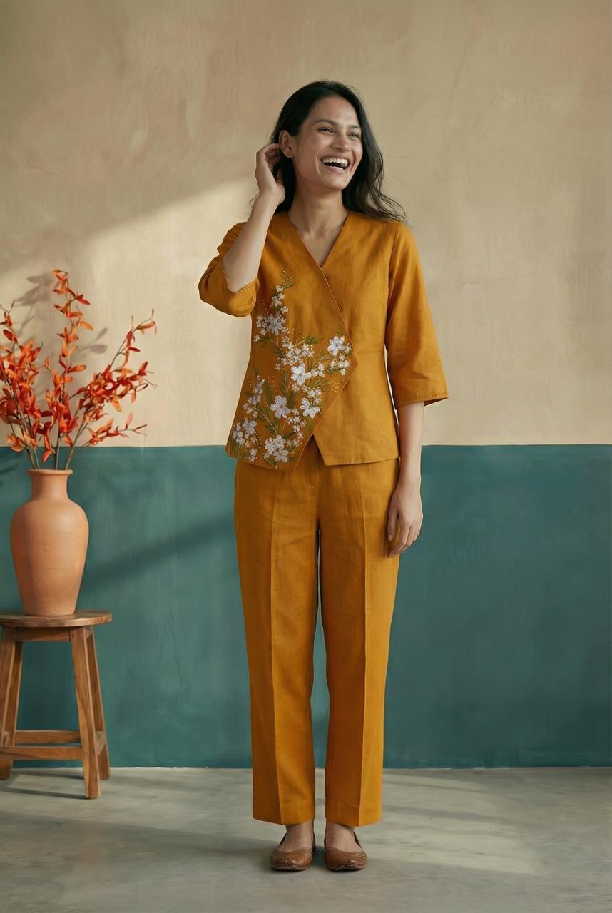 Mustard Cross Over Hand Painted Top
