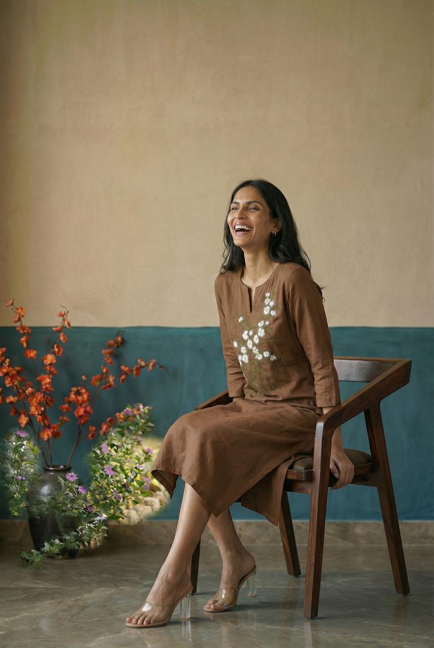 Women A-Line Below-Knee Cotton Blend Hand-Painted Dress