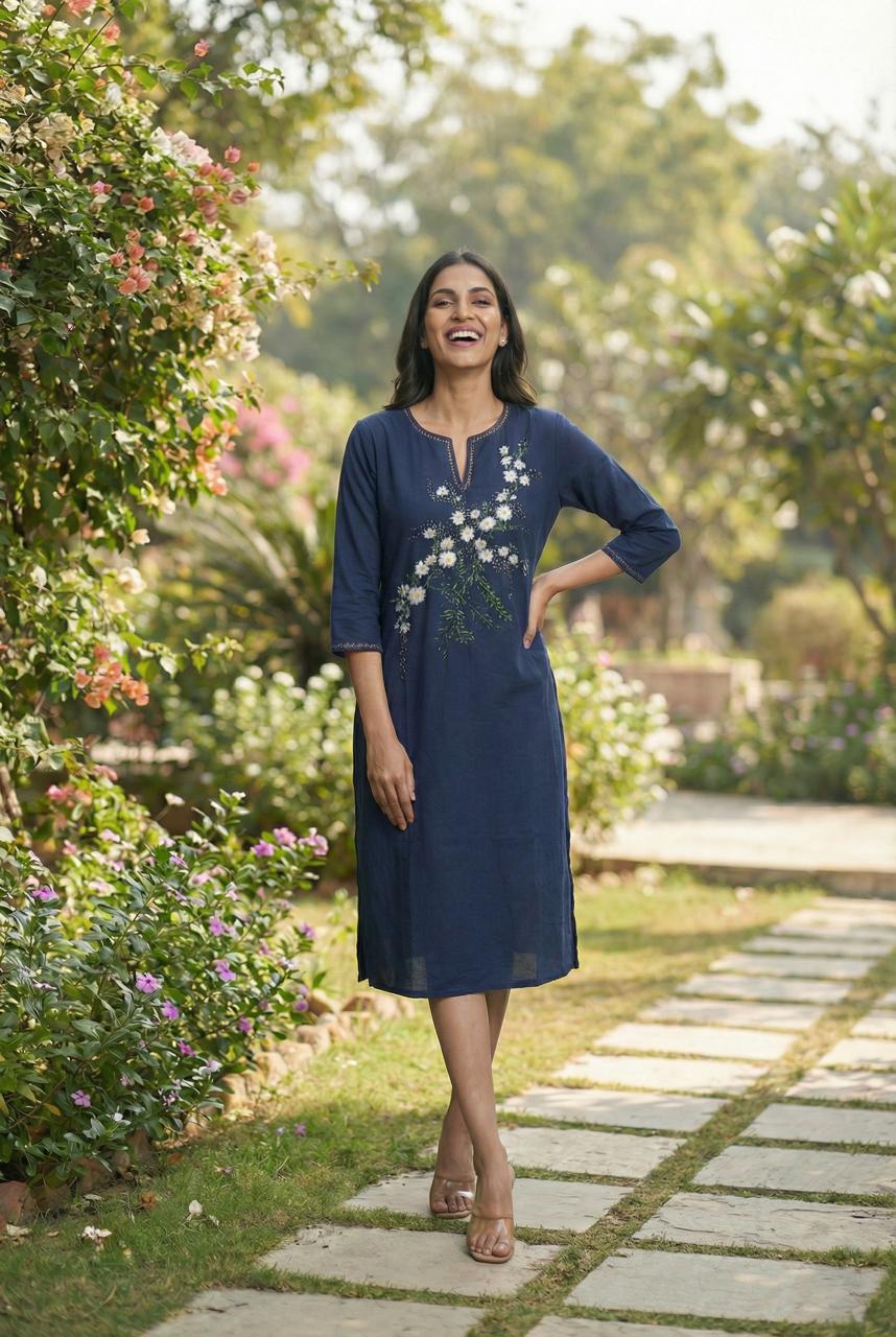 Women A-Line Below-Knee Cotton Blend Hand-Painted Dress