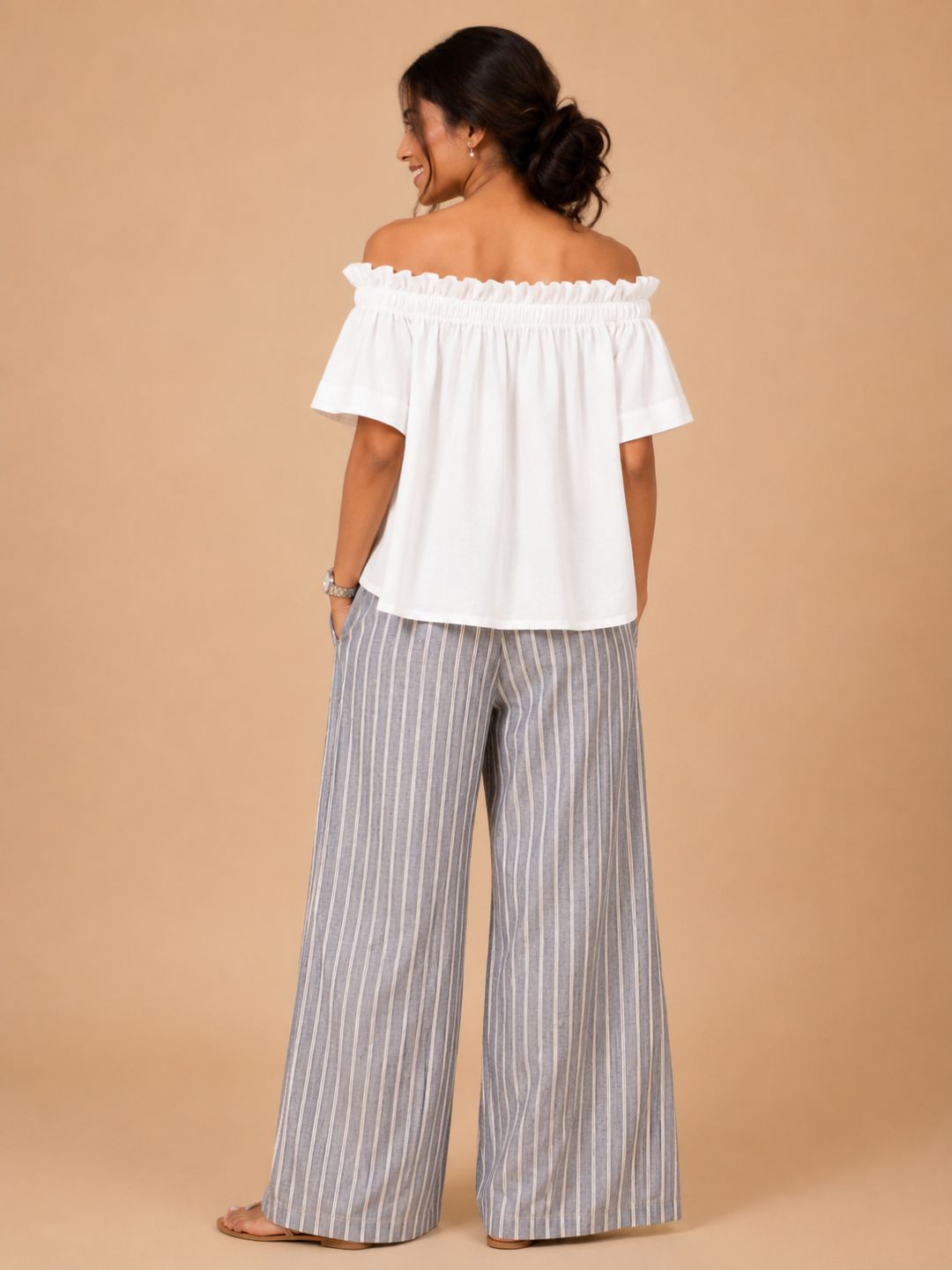 Women Cotton/linen blend Fabric Frill off shoulder top