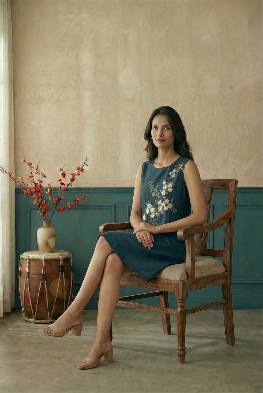 Teal Sleeveless A-Line Hand Painted Dress