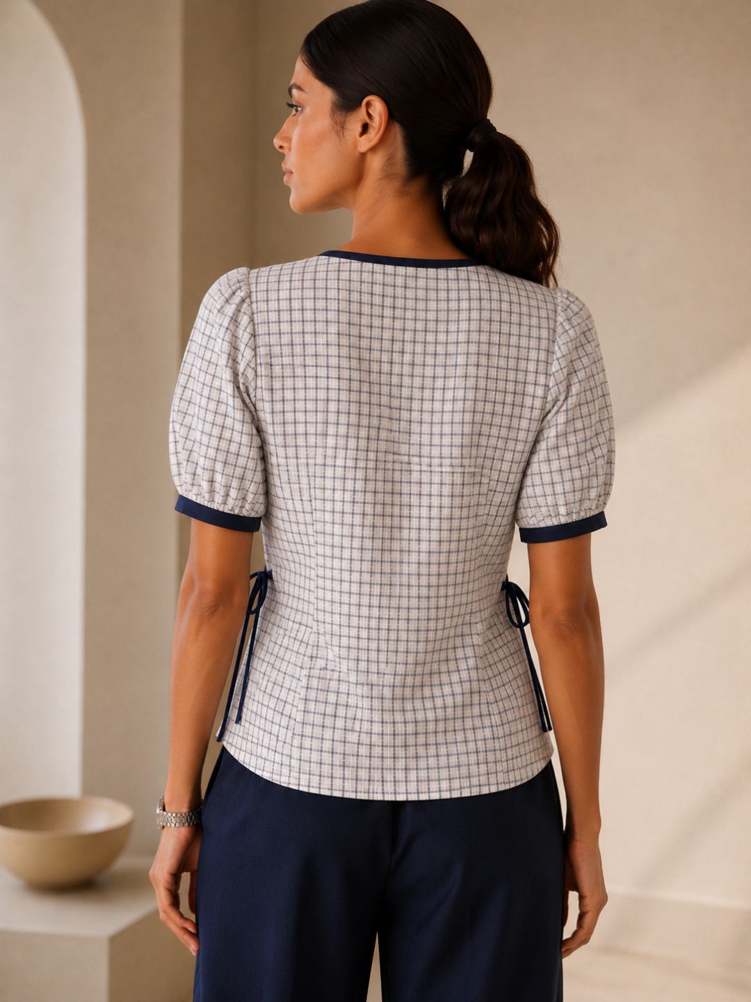 Women Cotton/linen blend Fabric Side tie up top puff sleeves