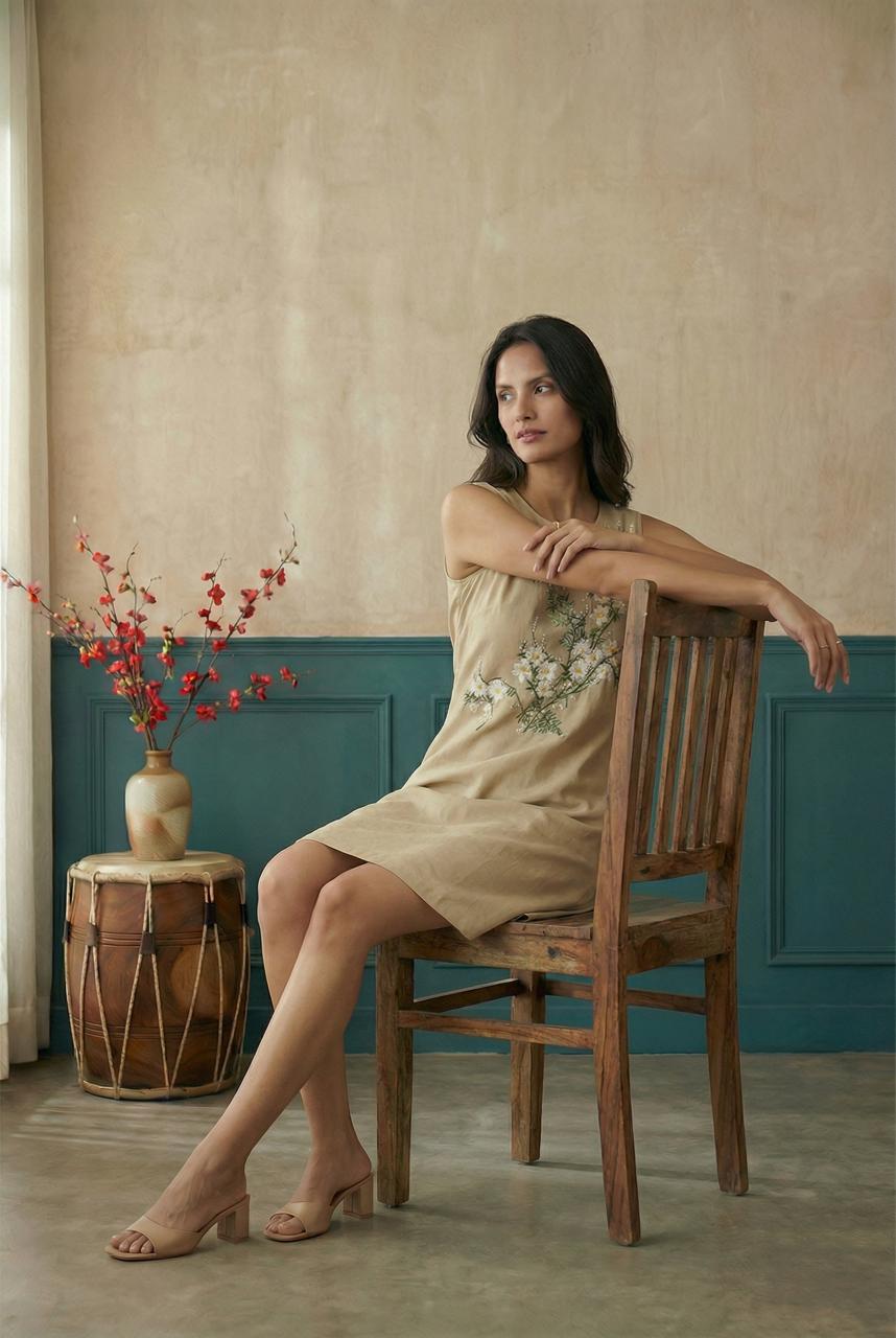 Beige Sleeveless A-Line Hand Painted Dress