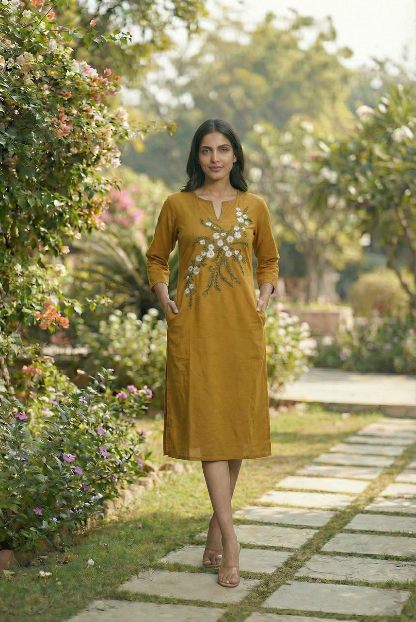 Women A-Line Below-Knee Cotton Blend Hand-Painted Dress