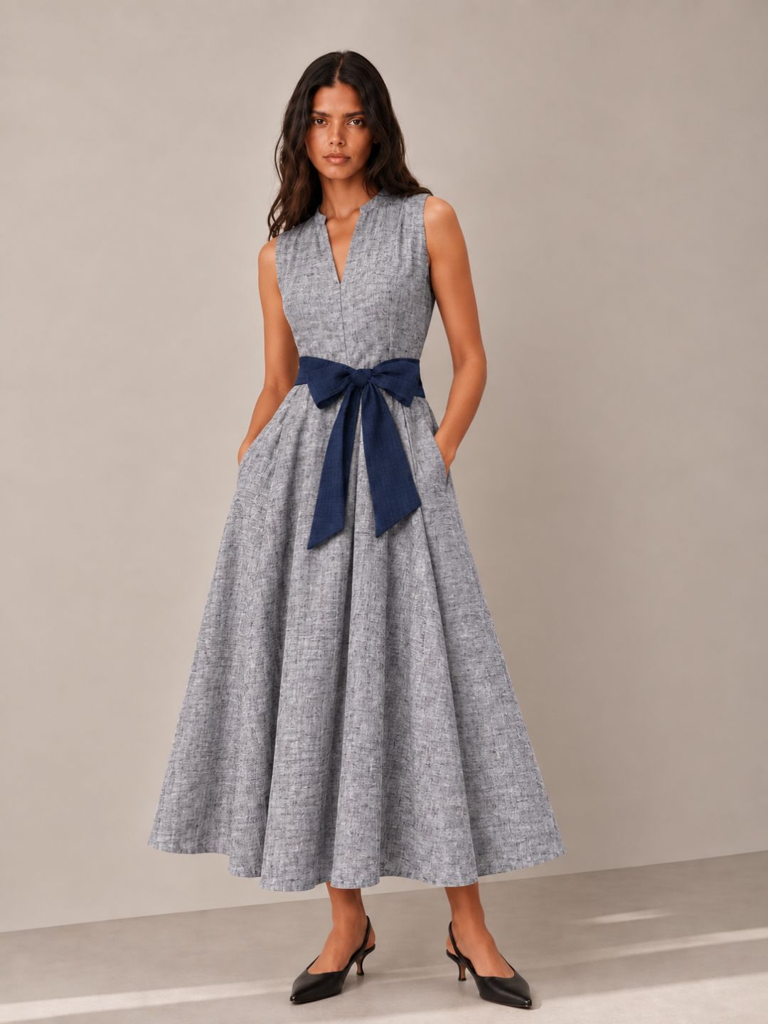 Textured Blue long Flowy Dress Sleeveless