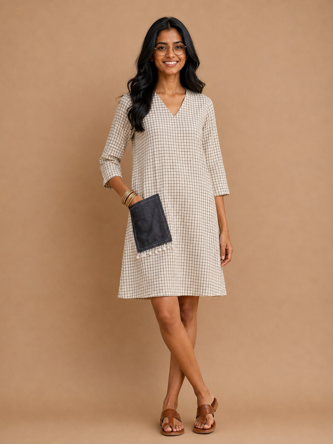 White Checks A-Line Dress with denim pocket.