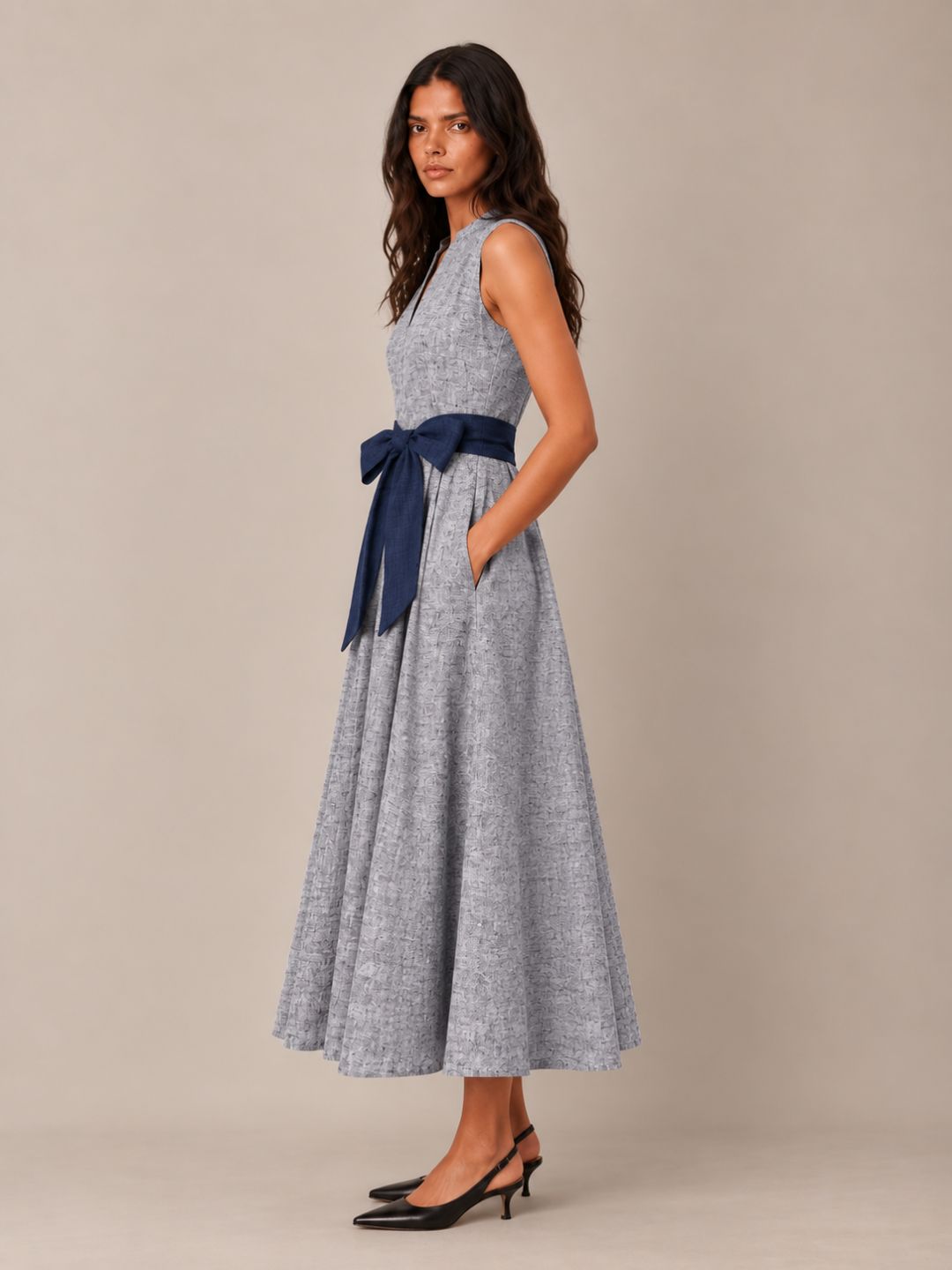 Textured Blue long Flowy Dress Sleeveless