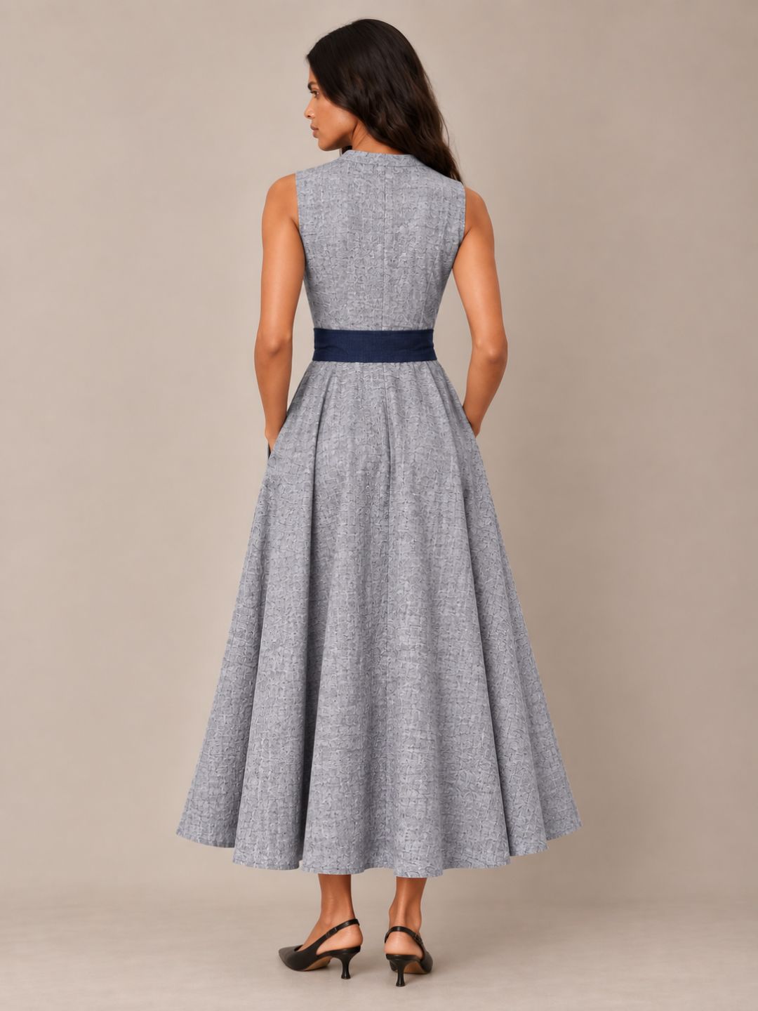 Textured Blue long Flowy Dress Sleeveless