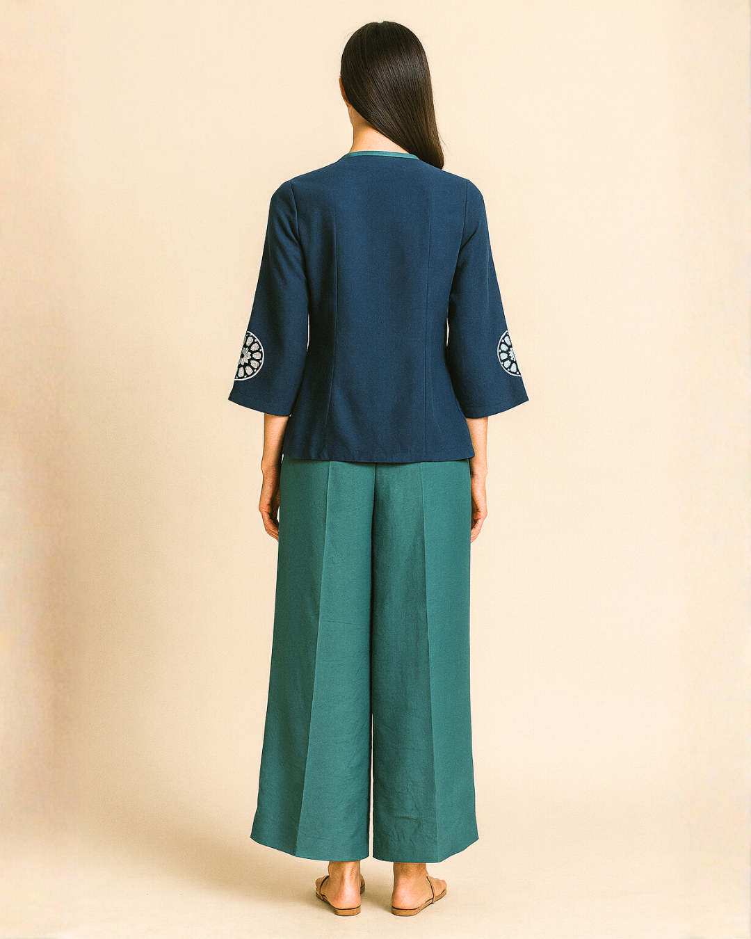 Women’s Dark Blue Silk Top & Green Cotton Pant Set